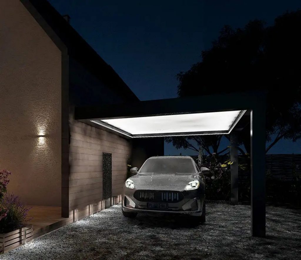 Carport aluminium adosse avec eclairage LED integre sur mesure