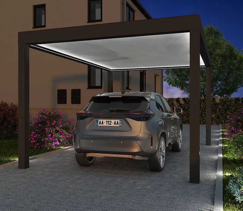 Carport aluminium autoportant avec eclairage design contemporain
