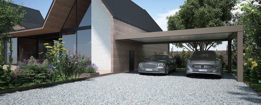 Carport double aluminium adossé grande capacité - protection véhicules maison contemporaine