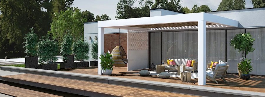 Pergola bioclimatique aluminium adossée avec lames orientables - aménagement terrasse maison